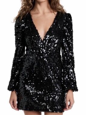 WAYF Black Sequin Carrie Mini Short Party Dress Long Sleeve XS